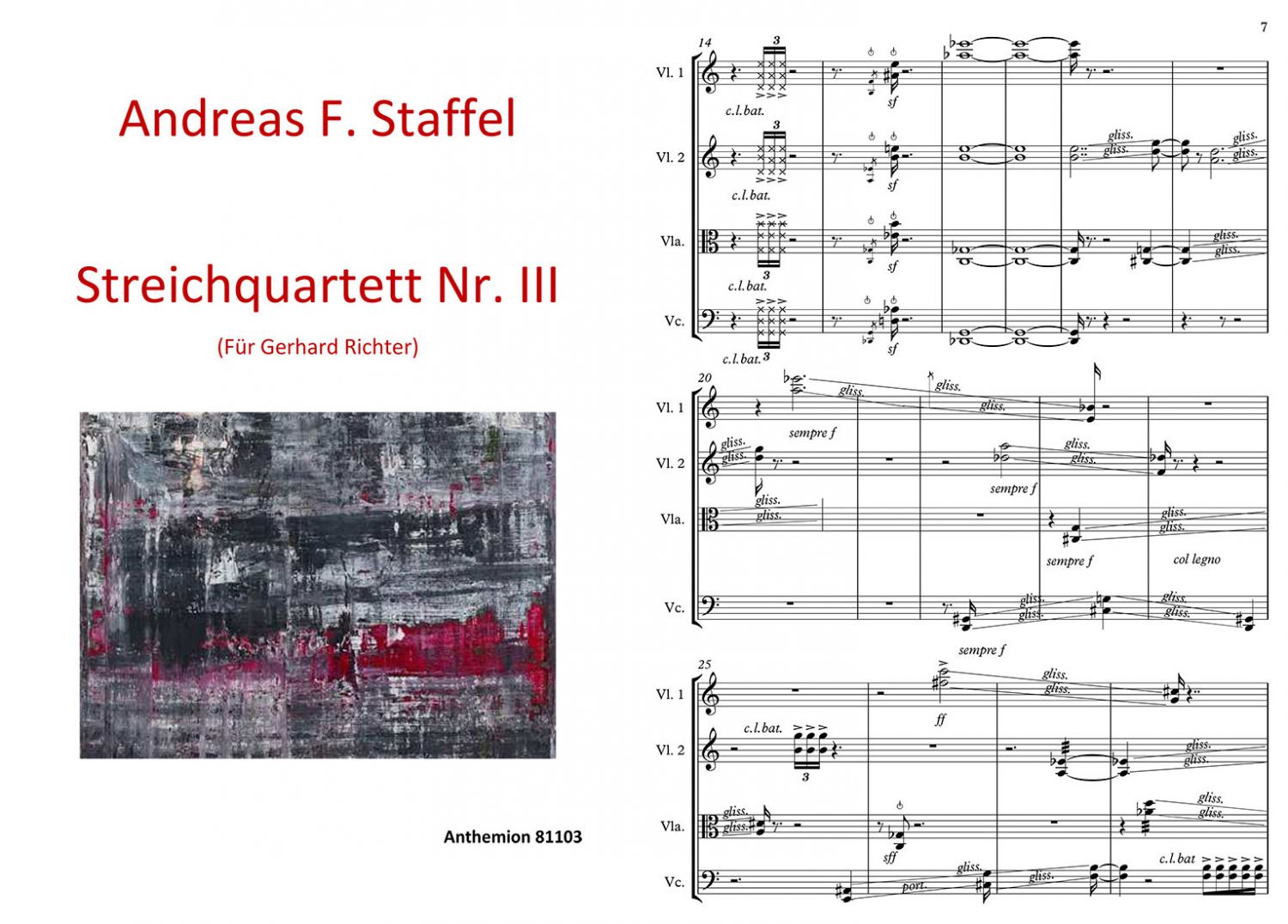 String quartet no. 3 (for Gerhard Richter), cover and score